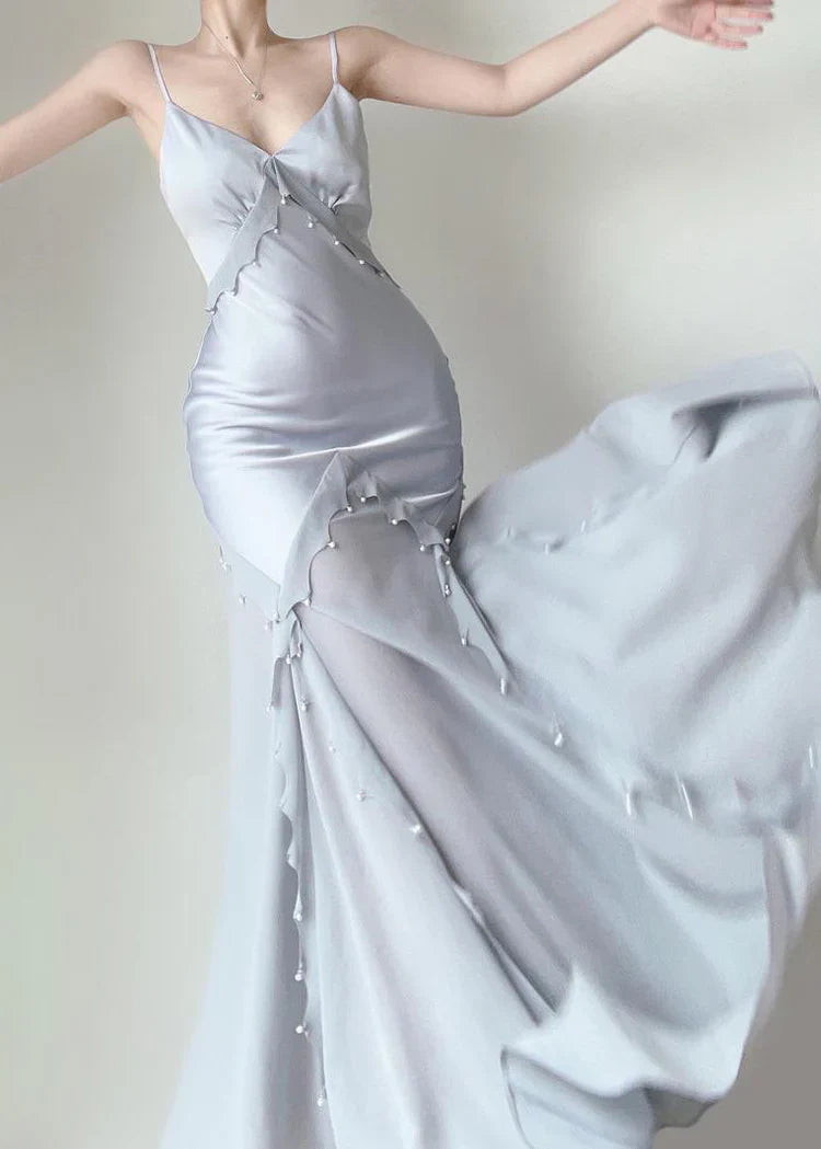 Robe Weitese rétro sirène bretelles spaghetti satin argent longue robe de bal robe de soirée